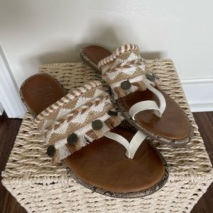 Beige, white, gold, fringe, strappy sandal
